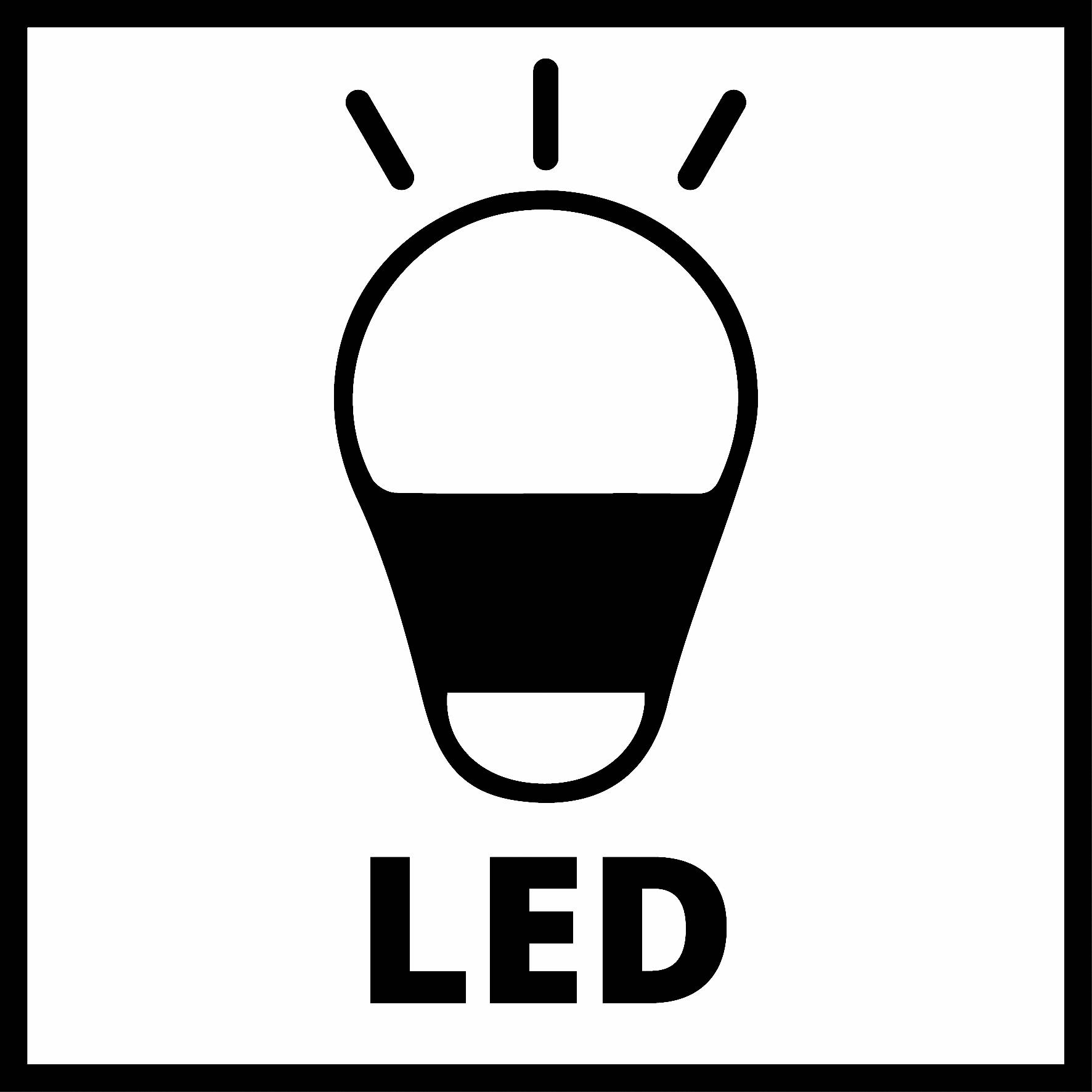 'Symbol einer LED-Lampe mit Strahlen, die Licht darstellen. Darunter der Text LED.'