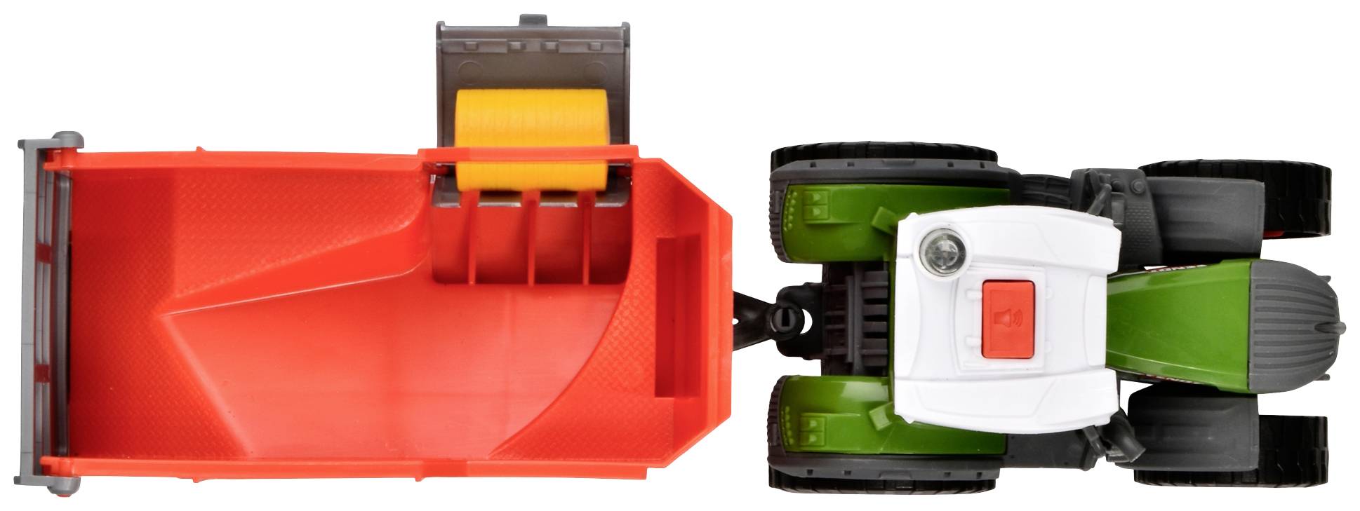 Spielzeugtraktor von oben, rot-grün, mit Anhänger. Ideal für Kinder, um landwirtschaftliche Szenarien nachzuspielen.