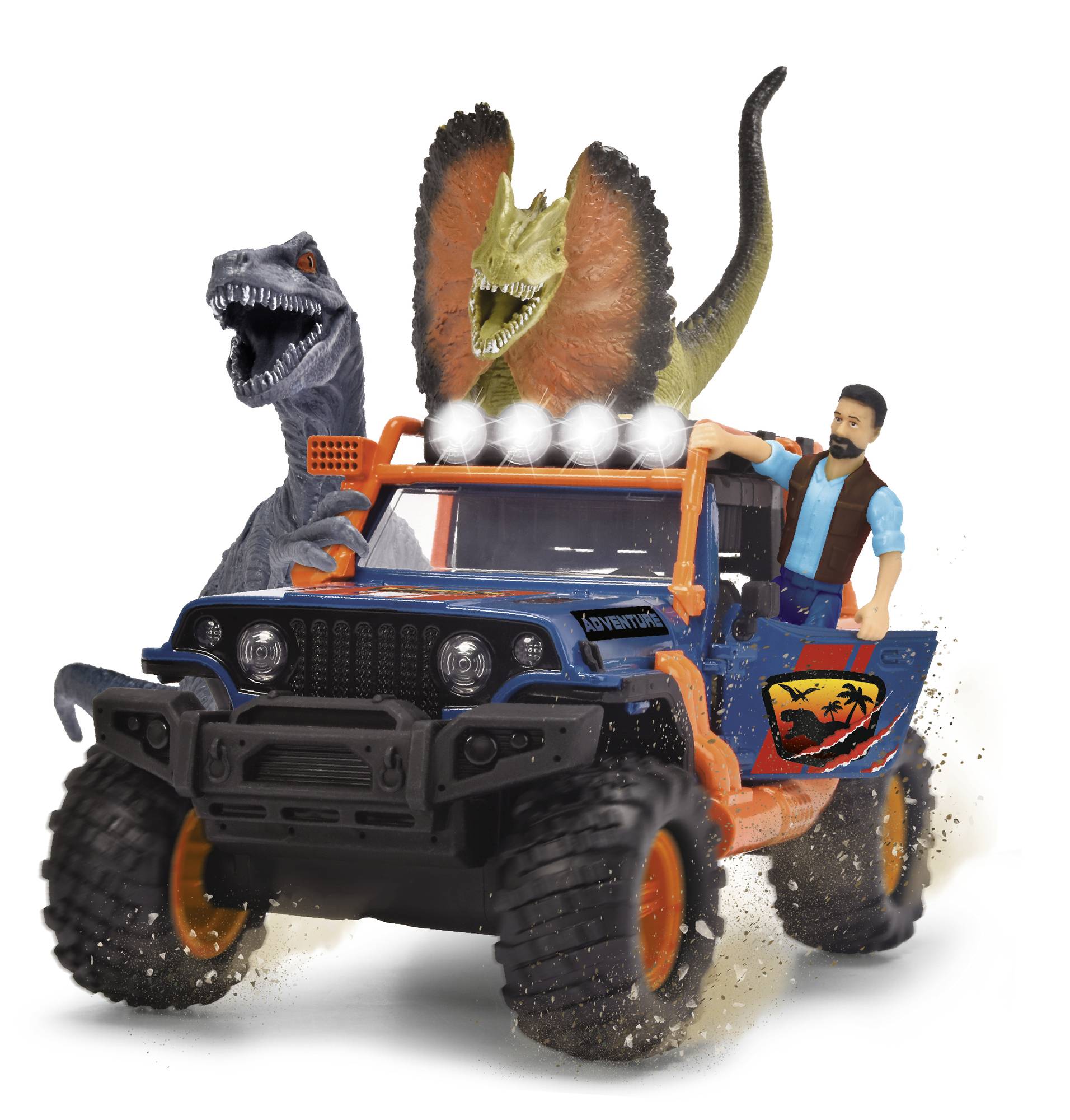 Ein Spielzeugauto mit zwei Dinosaurierfiguren und einer männlichen Spielfigur in einem Jeep, der Offroad fährt.