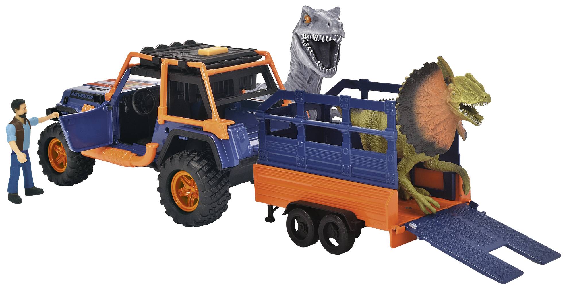 Ein Spielzeug-Geländewagen mit Anhänger, der zwei Dinosaurier-Figuren transportiert. Ein Mensch-Figur steht daneben.