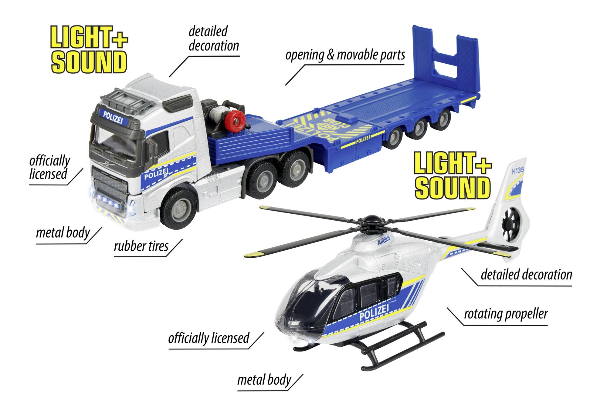 Spielzeug-LKW und -Hubschrauber mit Polizei-Aufdruck. Beide haben 'Light + Sound'-Funktion. LKW mit Gummi-Reifen, Hubschrauber mit drehbarem Rotor.