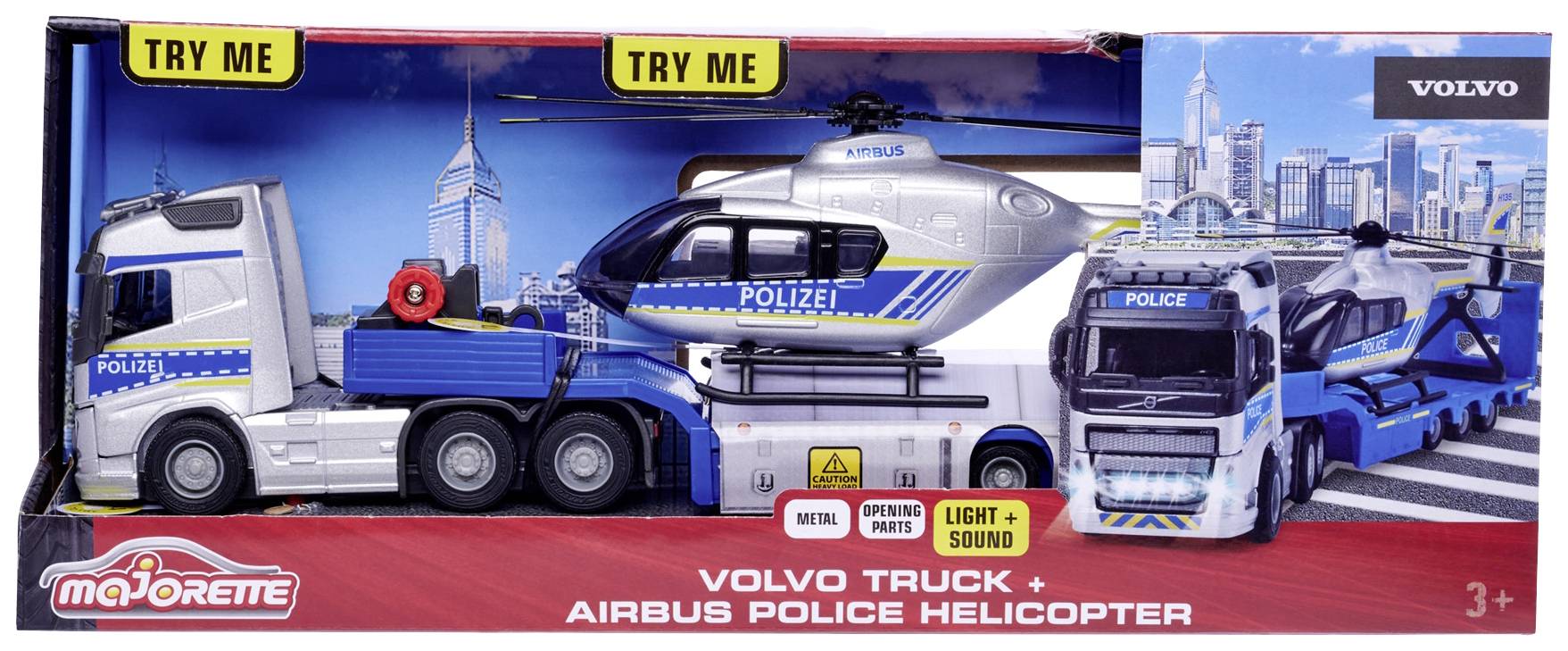 Spielzeug-Set mit 'Volvo Truck' und 'Airbus Police Helicopter' in Verpackung mit Stadtpanorama. Enthält Licht- und Soundeffekte. Ab 3 Jahren geeignet.