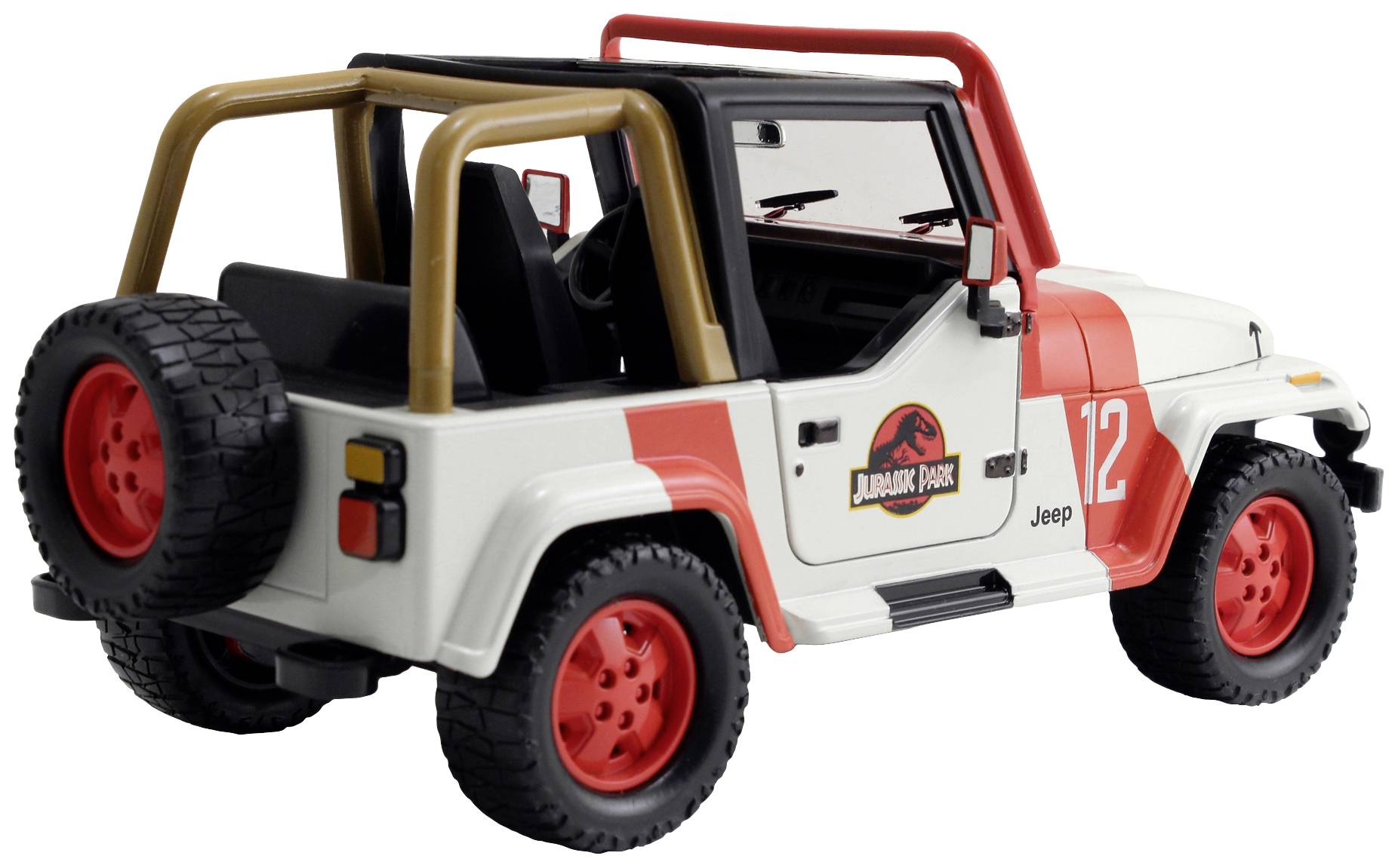Spielzeugauto im Design eines Jeeps aus 'Jurassic Park', weiß mit roten Akzenten, Jurassic Park-Logo auf der Tür, offenes Verdeck.