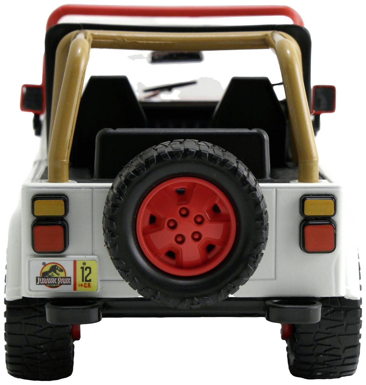 Ein Spielzeug-Geländewagen mit rotem Ersatzrad und Jurassic Park-Aufkleber auf der Rückseite, gesehen von hinten.