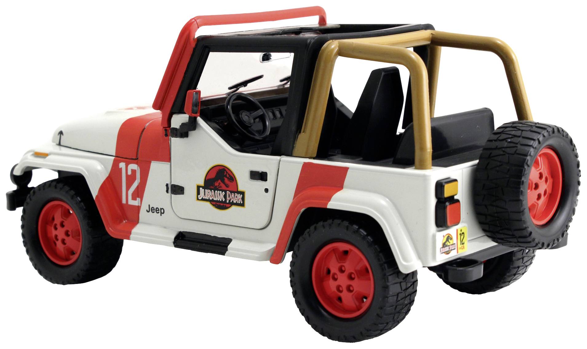 Spielzeugauto im Design eines weißen Jeep Wranglers mit roten Akzenten und 'Jurassic Park'-Logo auf der Tür.