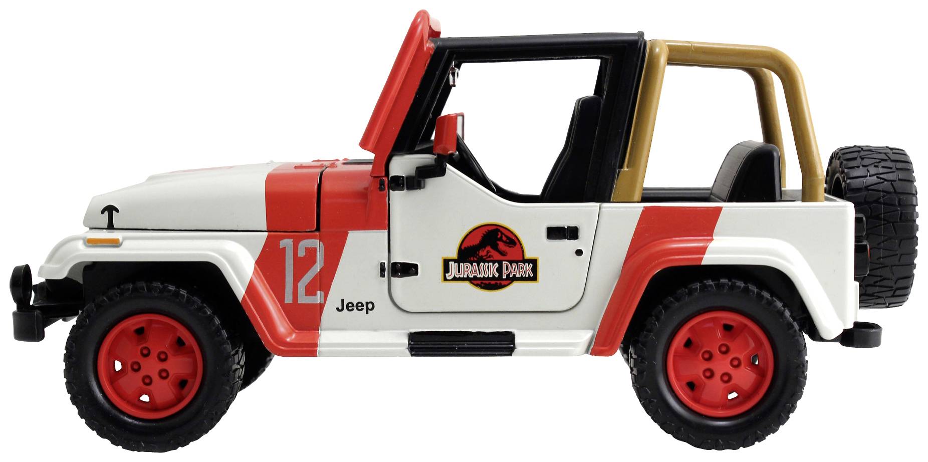 Ein Spielzeugauto-Modell eines Jeeps mit dem 'Jurassic Park'-Logo auf der Seite, rot-weißen Streifen und der Nummer 12.