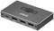 Grauer HDMI-Splitter mit drei Anschlüssen: USB/Power, Output, Input 1, Input 2. Zentraler Knopf für Steuerung.