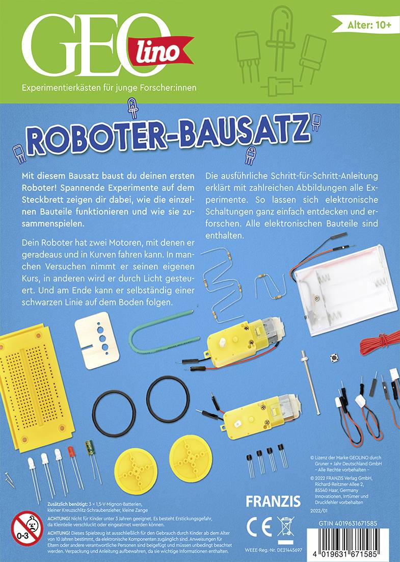 'Roboter-Bausatz' von GEOlino. Baukasten für Kinder ab 10 Jahren zur Herstellung eines Roboters. Enthält Motoren, Zahnräder, Schaltkreis. Anleitungsbuch inklusive.