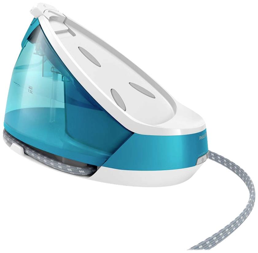 Ein blau-weißes Dampfbügeleisen mit Kabel, aufrecht stehend.