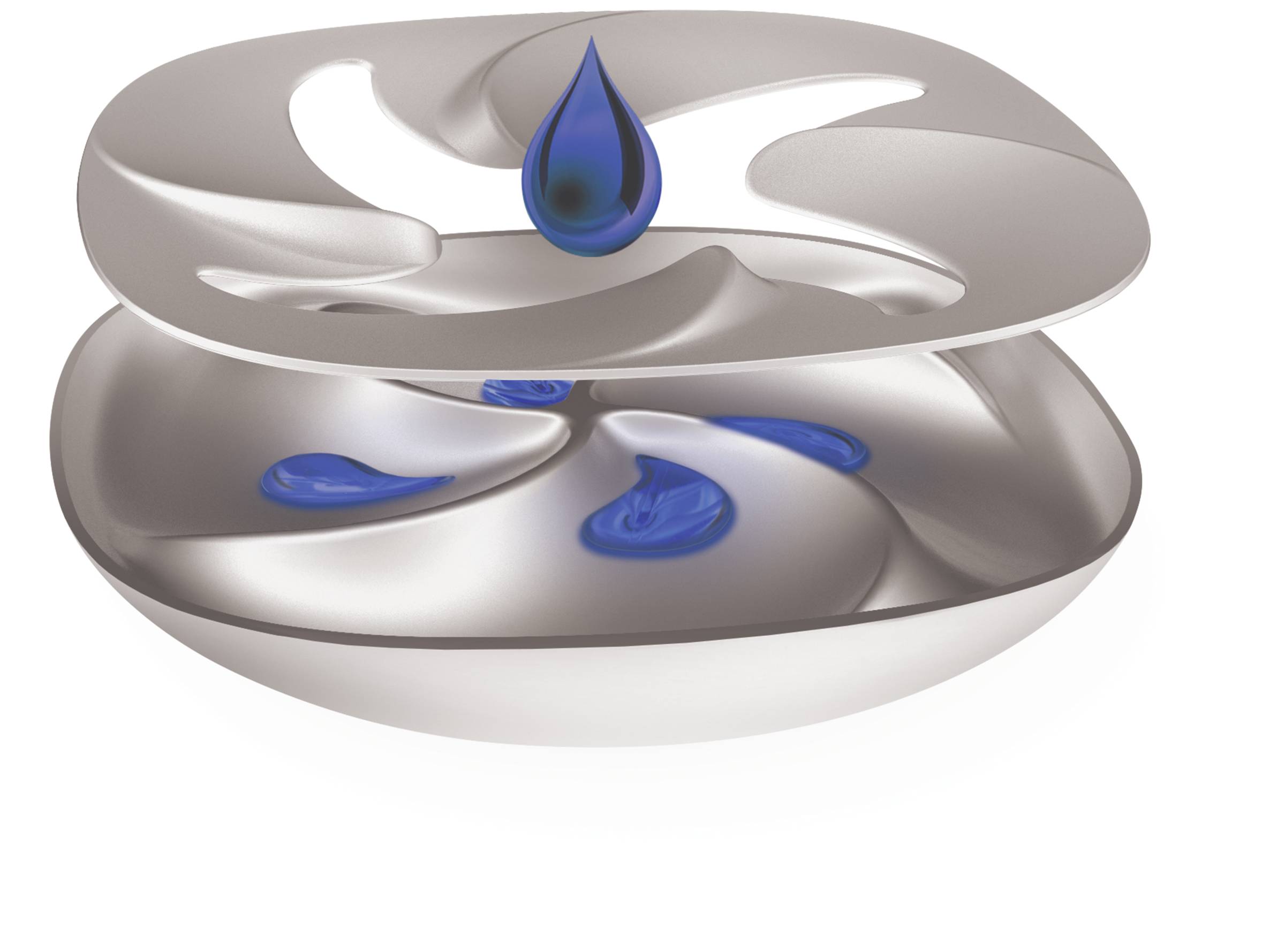 Abstrakte Darstellung von fließendem Wasser mit blauen Tropfen auf geschwungenen silbernen Schalen, die Bewegung und Dynamik zeigen.