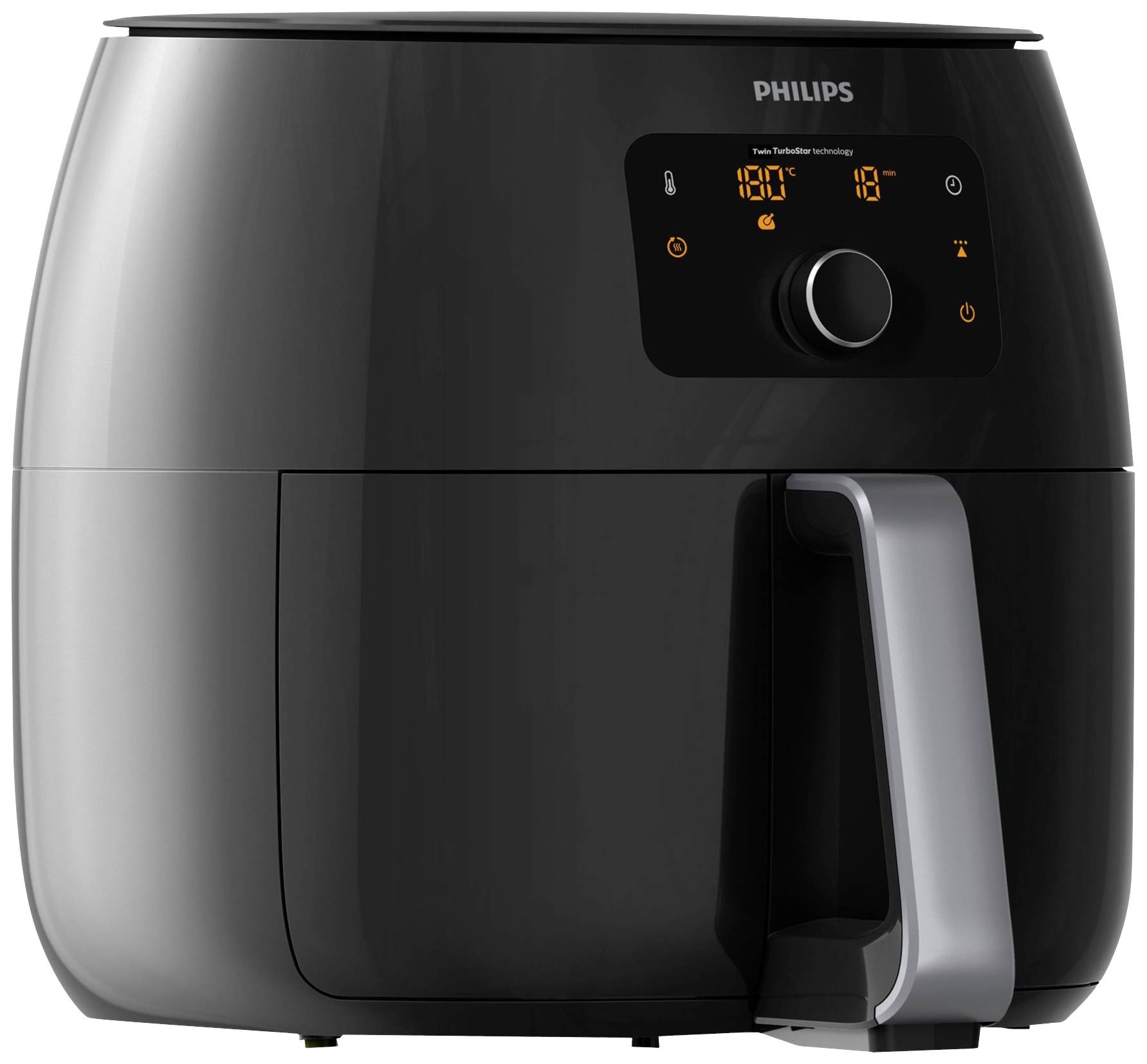 Luftfritteuse in Schwarz und Silber mit digitalem Display und Knopf zur Temperatureinstellung, Marke Philips.