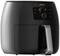 Luftfritteuse in Schwarz und Silber mit digitalem Display und Knopf zur Temperatureinstellung, Marke Philips.