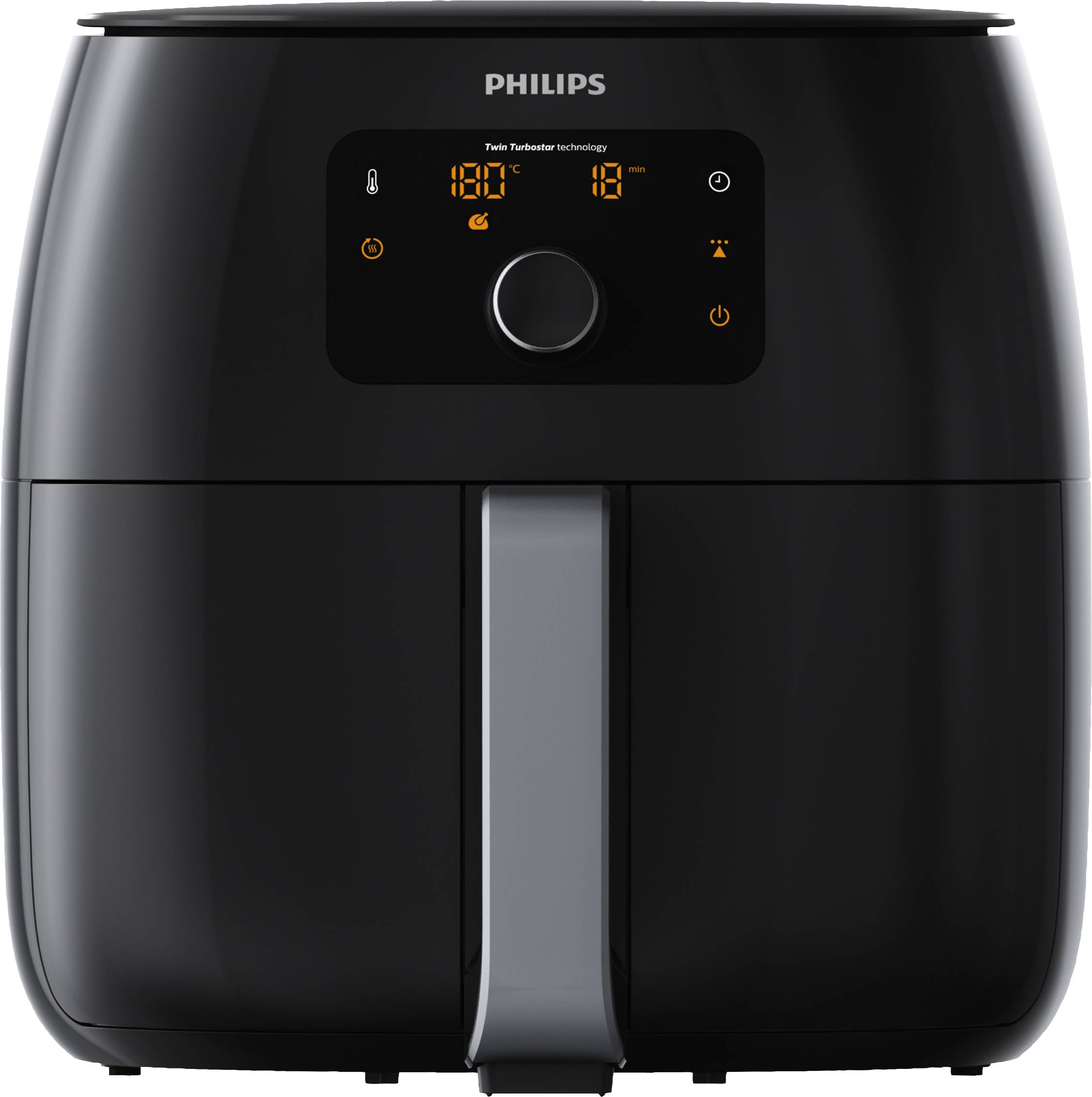 Schwarze Heißluftfritteuse mit digitalem Display und Bedienknopf. Das Display zeigt Temperatur und Zeit an. Marke: Philips.