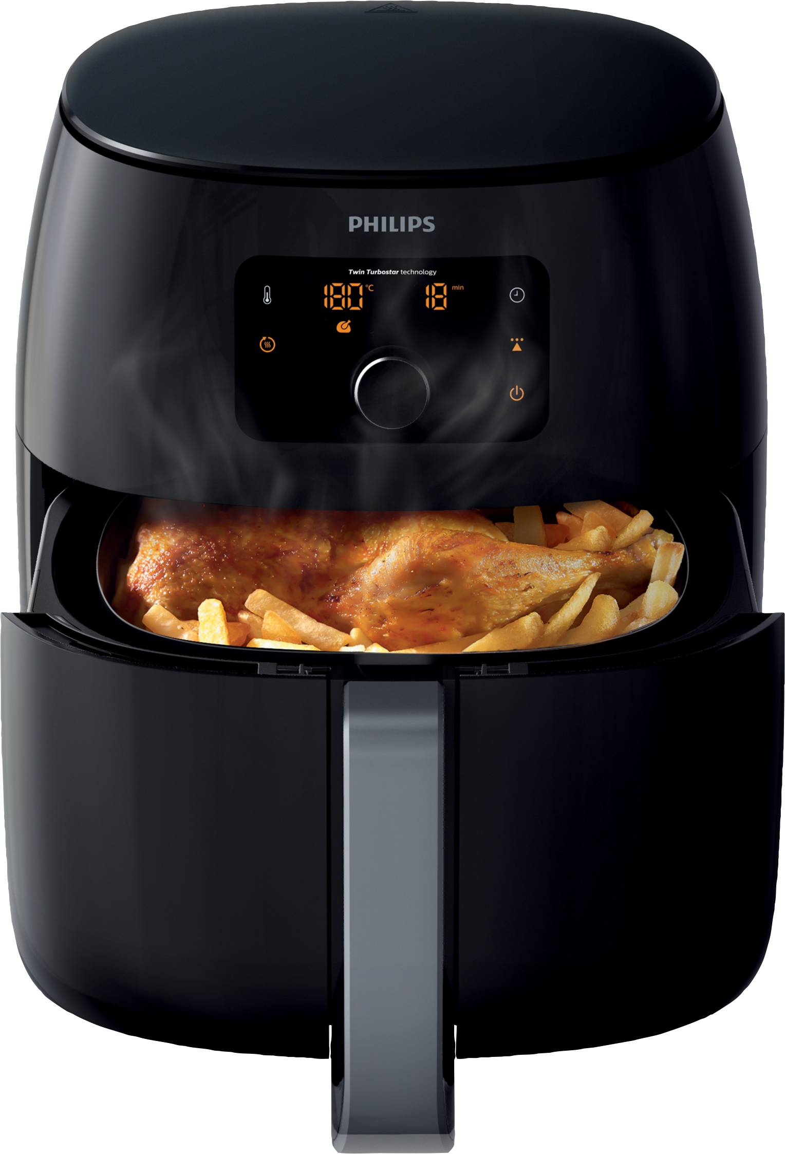 Ein schwarzer Airfryer mit geöffnetem Korb, der Hähnchen und Pommes enthält. Die digitale Anzeige zeigt 180°C und 15 Minuten an.
