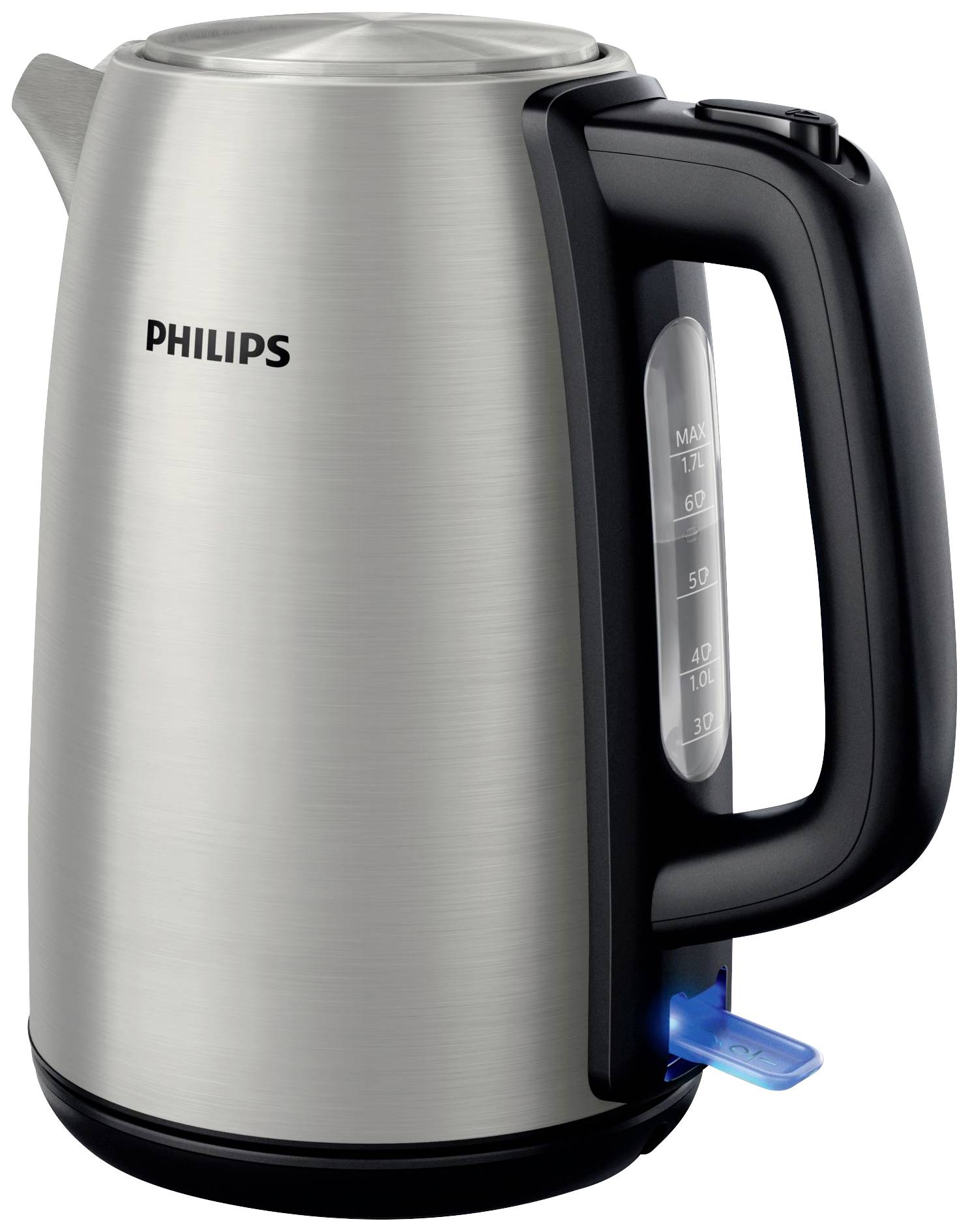 Ein silberner Wasserkocher mit schwarzem Griff und blauer LED-Leuchte, links die Marke 'Philips', zeigt eine Wasserstandsanzeige.