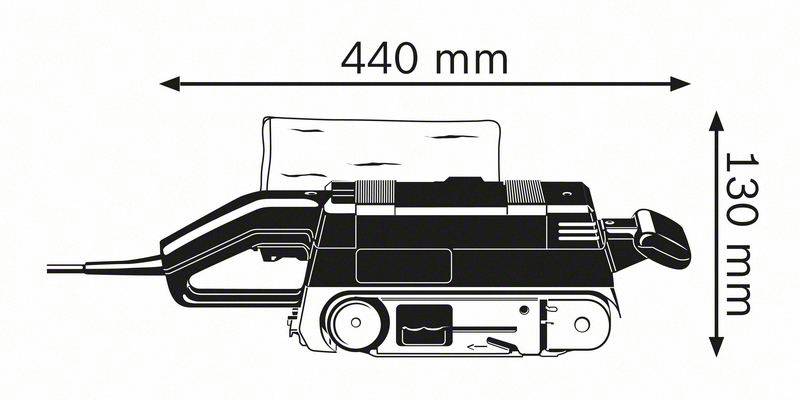Abbildung eines Bandschleifers mit den Maßen: Länge 440 mm und Höhe 130 mm. Das Werkzeug wird seitlich von links nach rechts dargestellt.