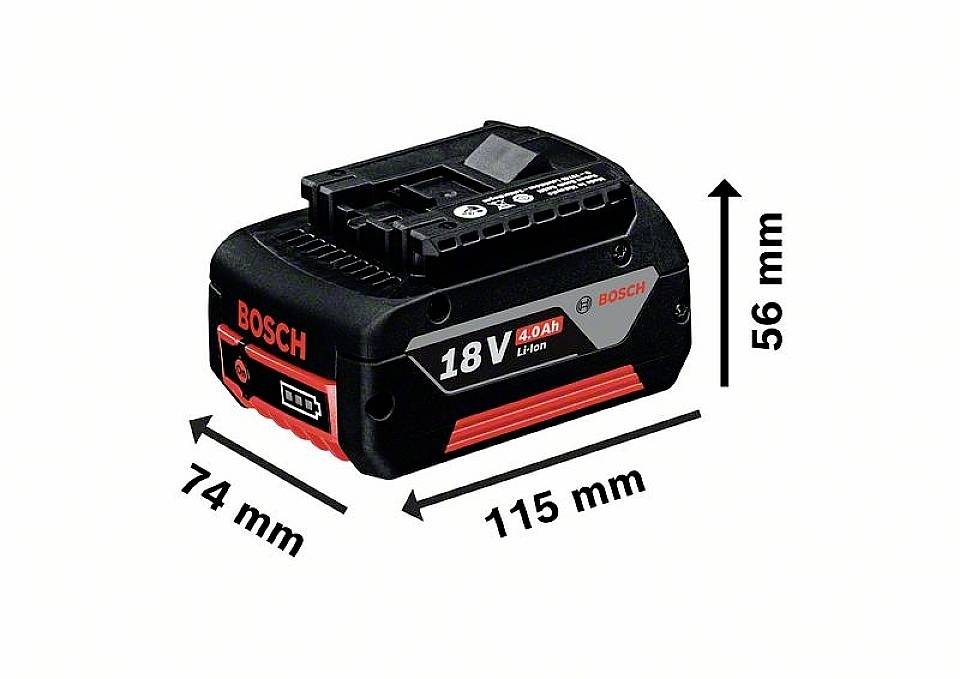 Bosch 18V 4.0Ah Li-Ion Akku mit Abmessungen: 115 mm Länge, 74 mm Breite, 56 mm Höhe.