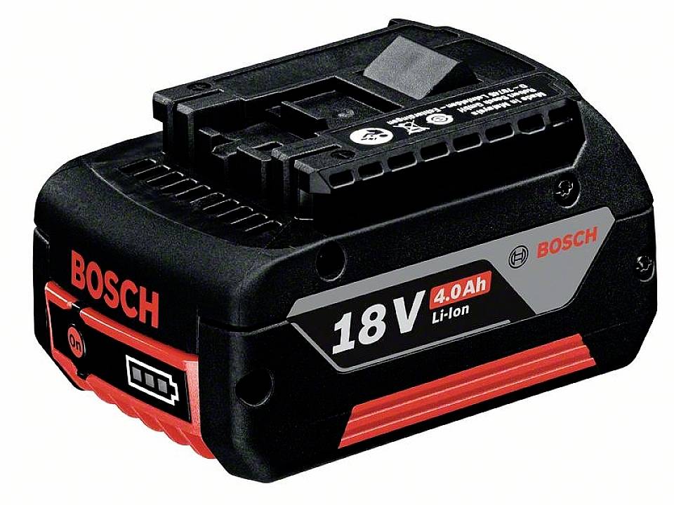 Ein Akku der Marke Bosch mit 18V, 4.0Ah, Li-Ion Technologie, hauptsächlich in Schwarz und mit roten Akzenten gestaltet.