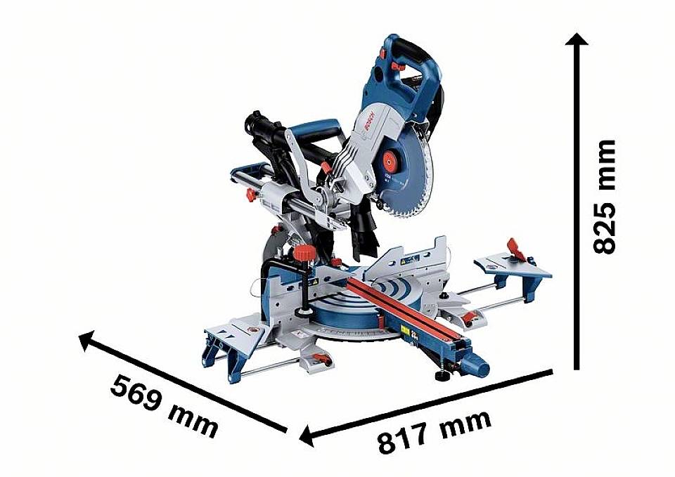 Kappsäge in Blau mit rot-schwarzen Akzenten. Maße: 569 mm Breite, 817 mm Tiefe, 825 mm Höhe.