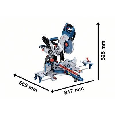 Kappsäge in Blau mit rot-schwarzen Akzenten. Maße: 569 mm Breite, 817 mm Tiefe, 825 mm Höhe.