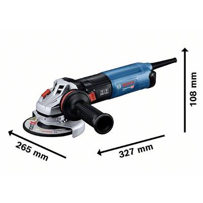 Eine blaue und schwarze Winkelschleifmaschine mit festem Griff und rundem Schleifblatt. Maße: 265 mm Länge, 327 mm Breite, 108 mm Höhe.
