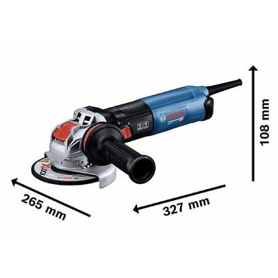 Eine blaue Bosch-Winkelschleifmaschine mit den Maßen: Länge 327 mm, Höhe 108 mm, Scheibendurchmesser 265 mm.