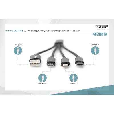 'DB-300160-002-S 3-in-1 Ladekabel: USB A, Lightning, Micro USB, Type-C' zeigt die vier Anschlüsse eines Mehrfach-Ladekabels.