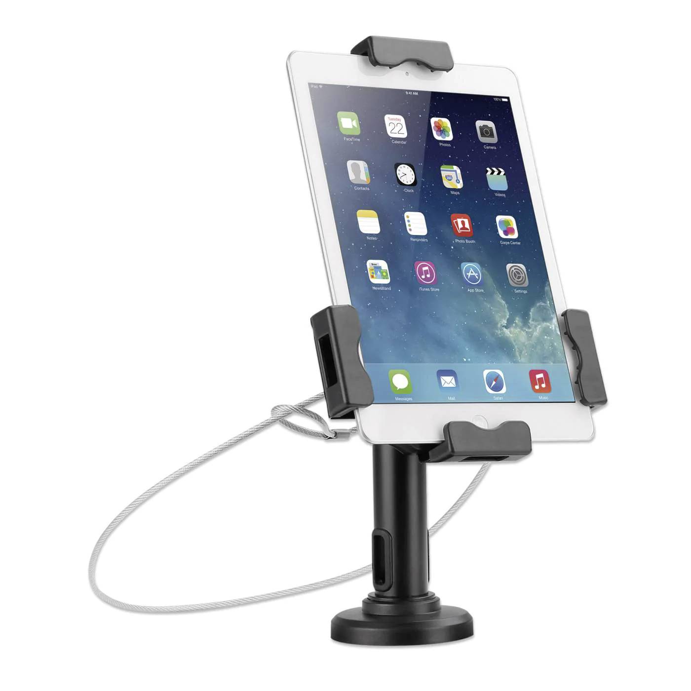 Ein Tablet in einer Halterung mit Sicherheitskabel, Apps sind auf dem Bildschirm sichtbar.