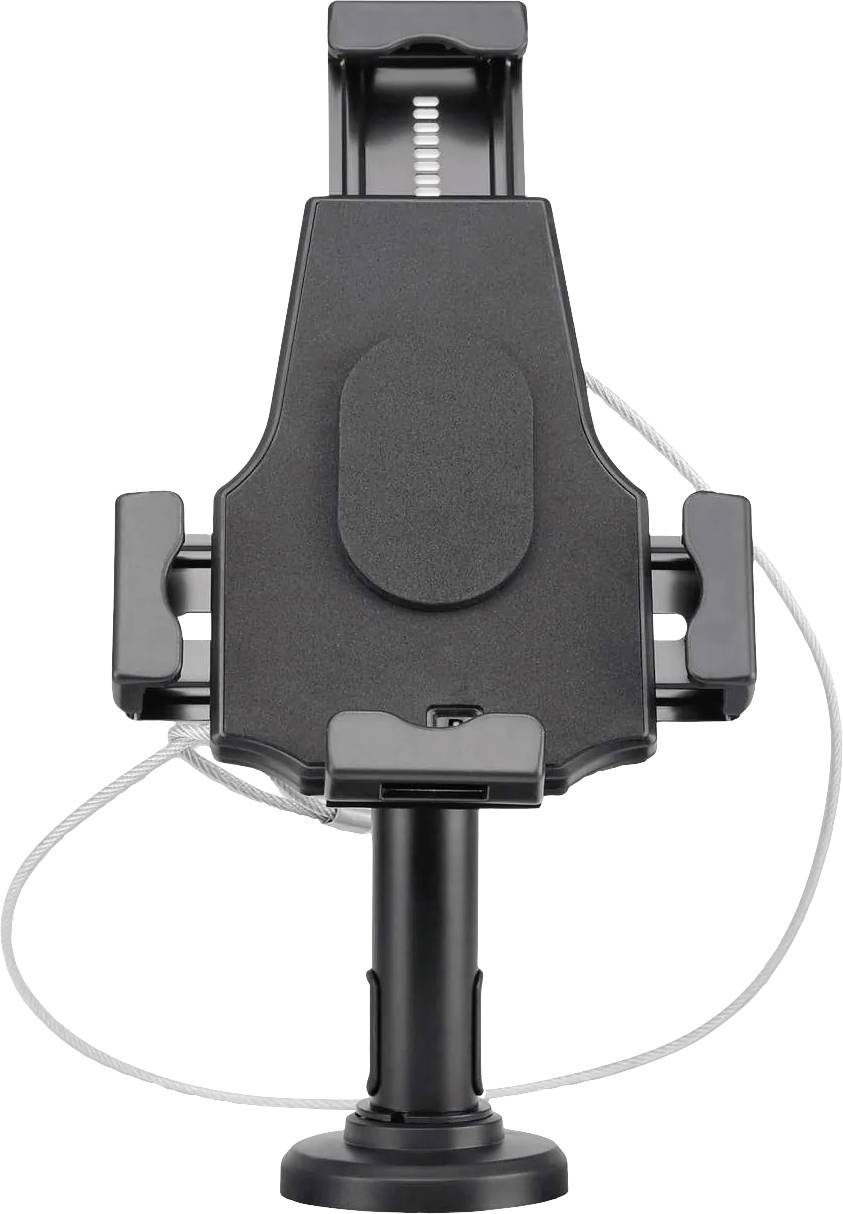 Halterung für ein mobiles Gerät mit verstellbaren Armen und Kabelmanagement, geeignet für die Befestigung in einem Fahrzeug.