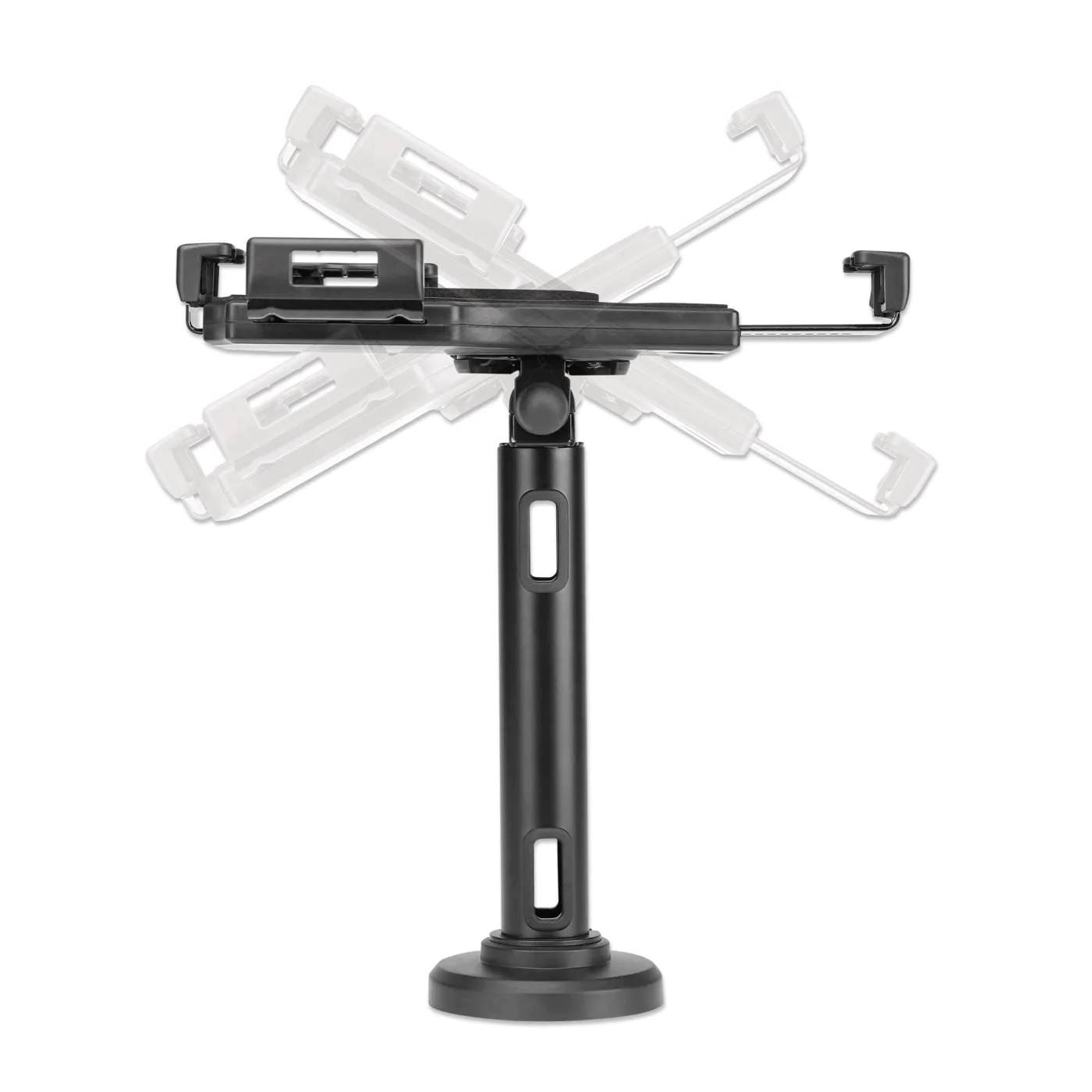 Smartphone-Halterung mit rotierbarem Arm, montiert auf einem Standfuß. Ideal für freihändige Nutzung und flexible Betrachtung.