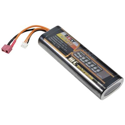 'Li-Ion 5000mAh Akku mit hoher Entladerate' für RC-Modelle, zeigt Anschlüsse.