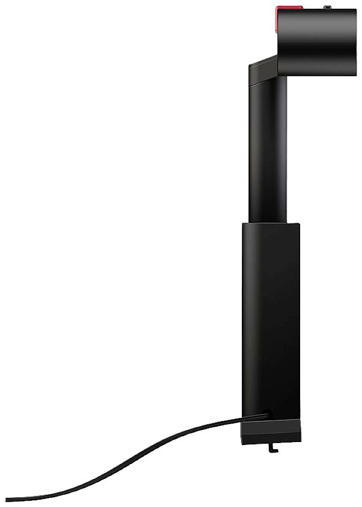 Schwarzes, vertikales Gerät mit rechteckiger Form und Kabel, möglicherweise eine Kamera oder ein Scanner, vor weißem Hintergrund.