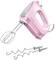 Ein rosa Handmixer mit zwei Quirlen und zwei Knethaken, geeignet zum Mixen und Kneten in der Küche.