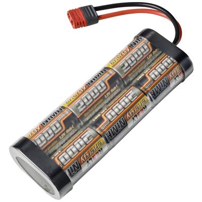 Ein Batteriepaket mit schwarzen und orangefarbenen Etiketten, das aus mehreren zylindrischen Zellen in Schrumpffolie besteht. Ein roter Stecker ist angebracht.