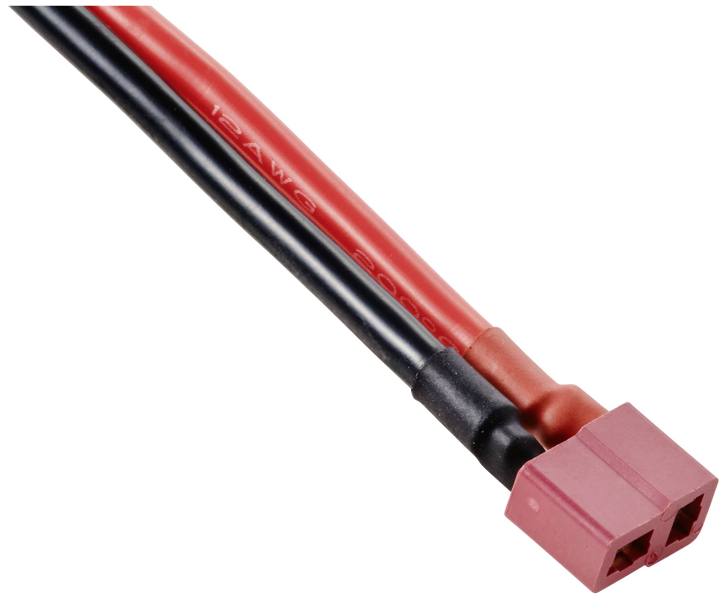 Ein rot-schwarzes Stromkabel mit einem roten zweipoligen Stecker.