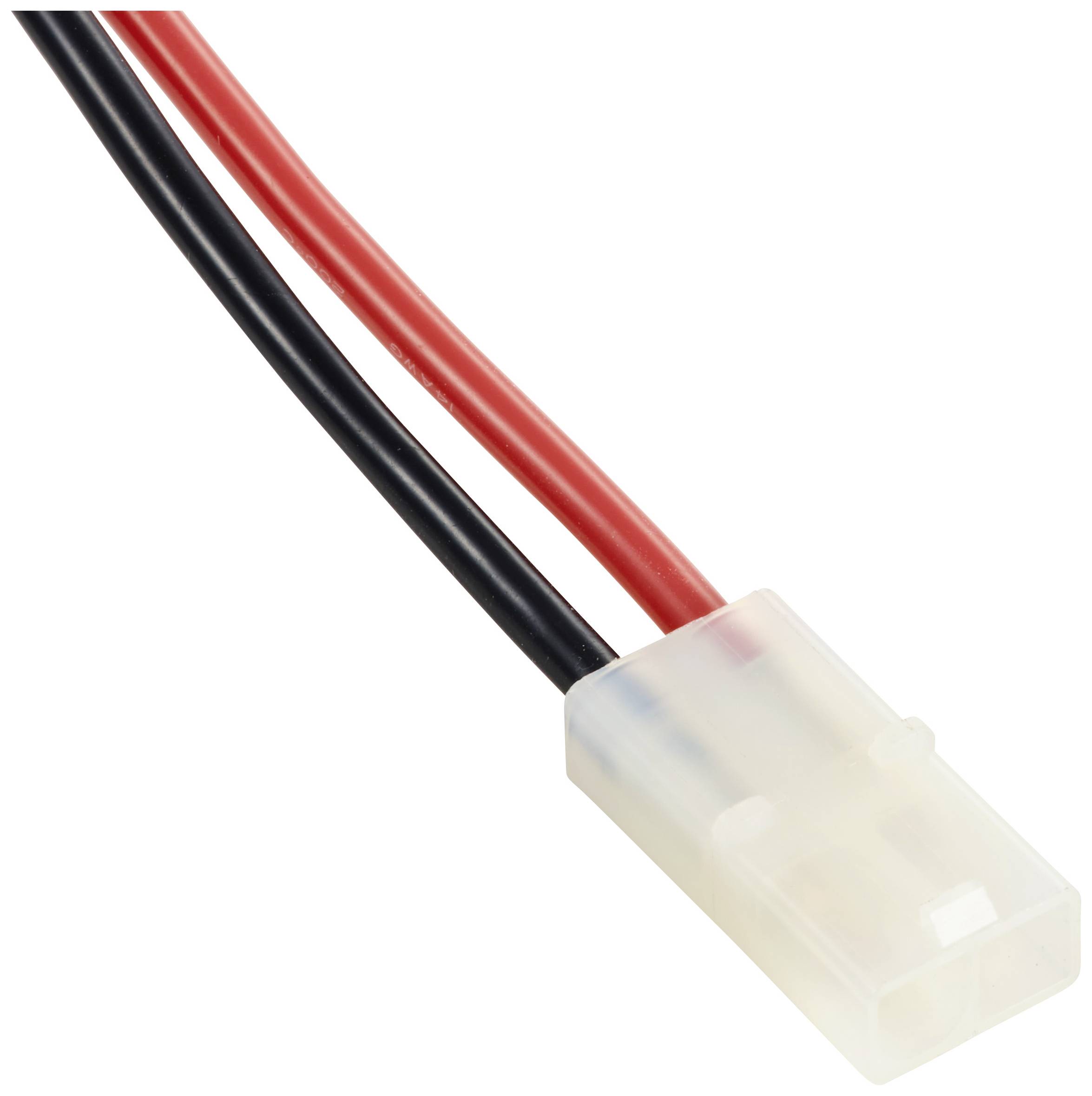 Ein weißer Kunststoffstecker mit zwei Drähten, einem roten und einem schwarzen, die aus dem Stecker herausragen.