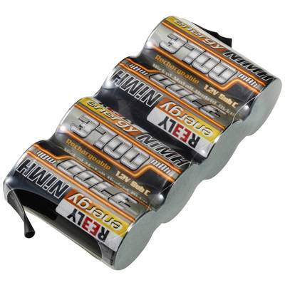 Ein 3er-Pack wiederaufladbare NiMH-Batterien, 1,2V, 3.100 mAh, gestapelt in einer Reihe, mit orange-silberner Beschriftung.
