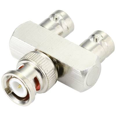 BNC-T-Stück-Adapter aus Metall, mit einem Buchsenanschluss auf der einen Seite und zwei Buchsenanschlüssen auf der anderen Seite.
