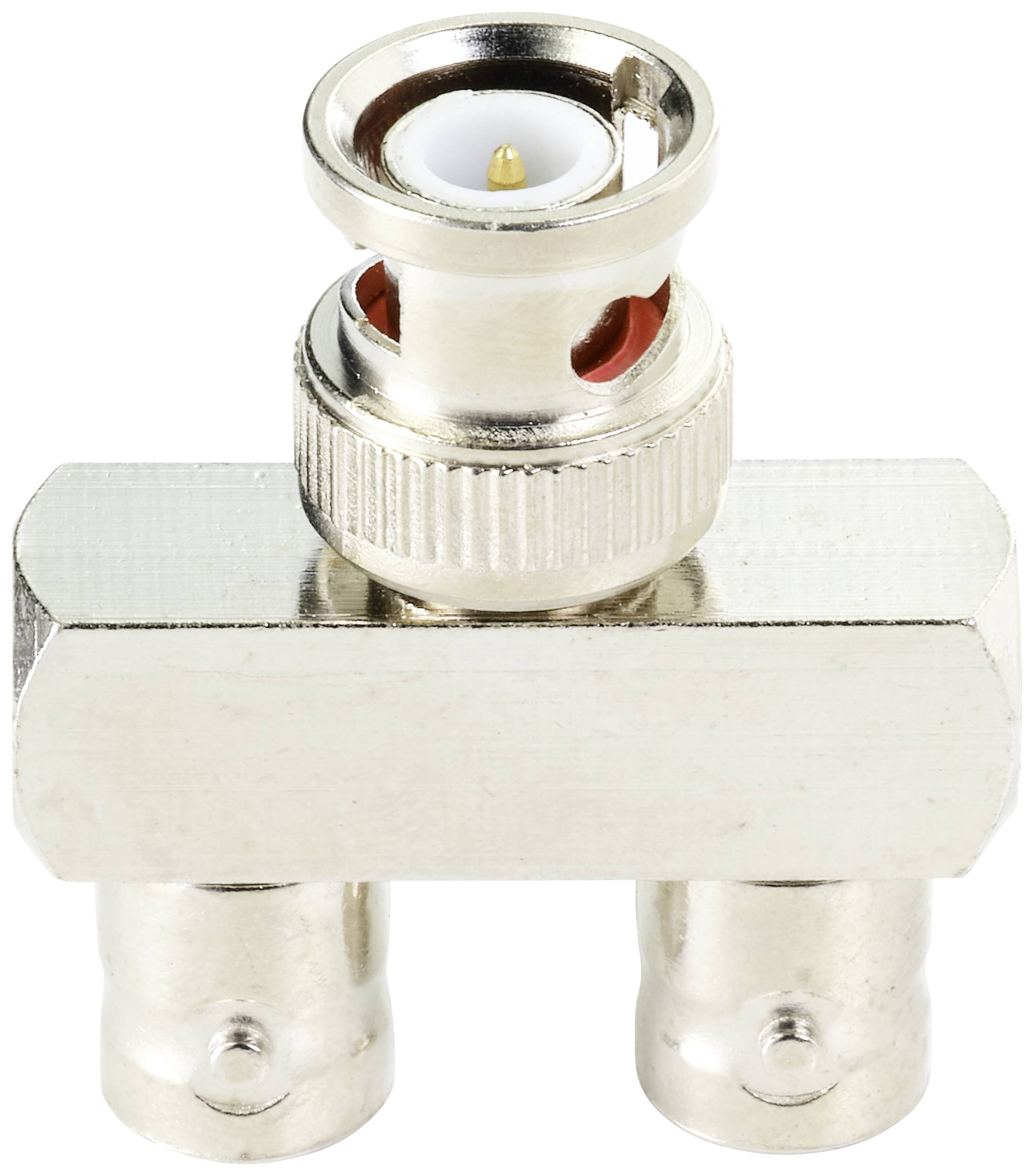'BNC-T-Adapter mit einem männlichen und zwei weiblichen Anschlüssen. Verwendet zur Signalverteilung in Video- oder Netzwerkverbindungen.'