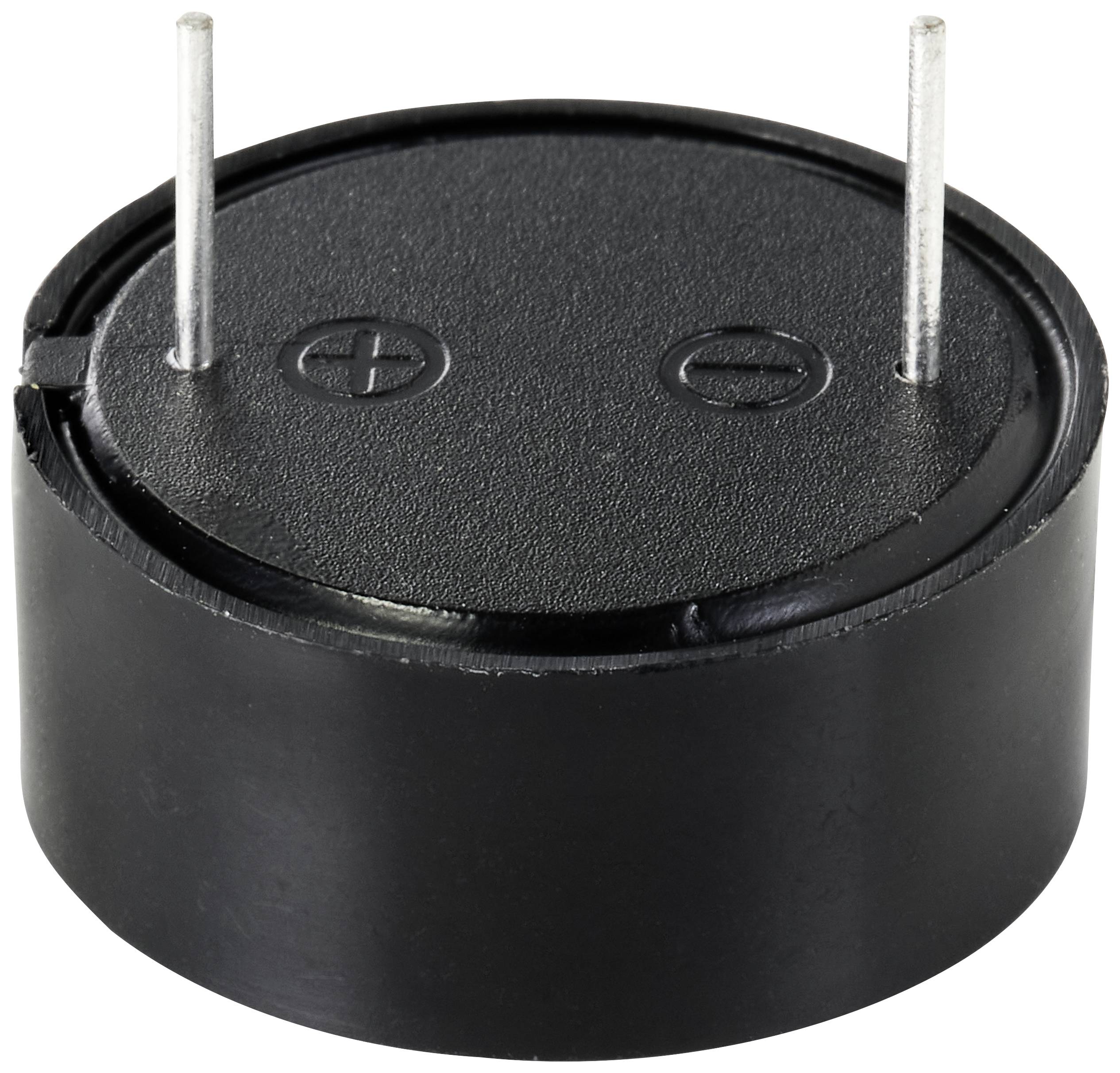 Ein runder Piezo-Summer mit zwei Metallanschlüssen auf der Oberseite, gekennzeichnet mit Plus- und Minuszeichen zur Polaritätsbestimmung.