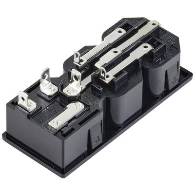 Ein schwarzes elektrisches Bauteil mit mehreren Metallanschlüssen, das vermutlich als Relais oder Steckverbindung dient.