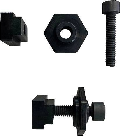 Ein Montagekit, bestehend aus einer Sechskantmutter, einer Schraube, einer L-förmigen Halterung und einer Bolzensicherung aus Metall.
