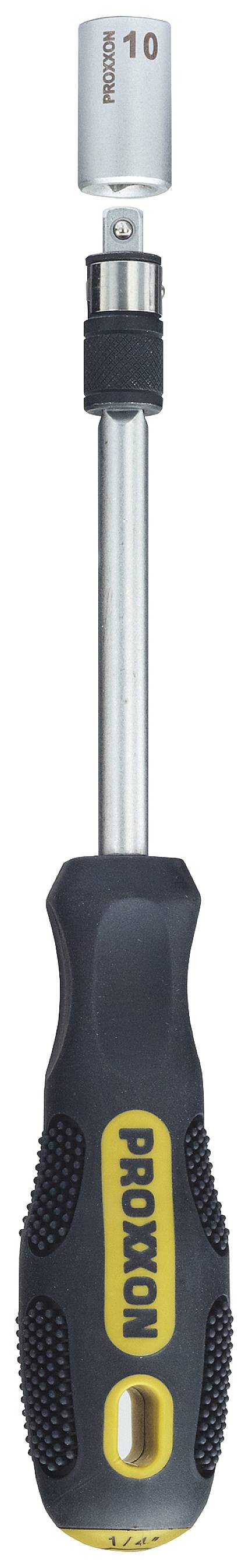 Ein Schraubendreher mit einem abnehmbaren Aufsatz, markiert mit '10', und einem ergonomischen Griff.