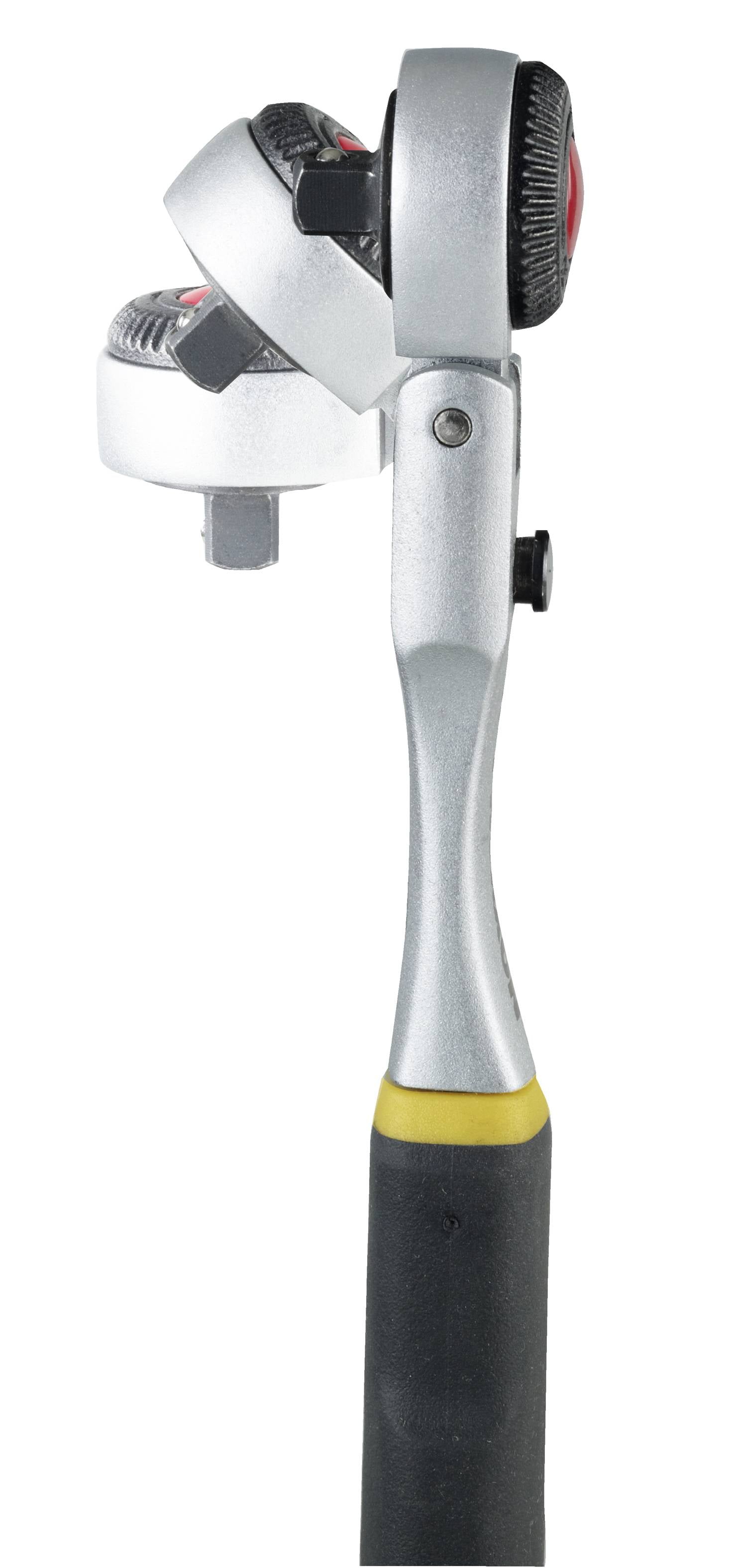 Ratsche mit ergonomischem Griff, zwei drehbaren Köpfen und gelbem Detail am Griff. Geeignet für verschiedene Schraubarbeiten.