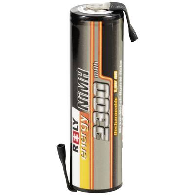 Wiederaufladbare AA-Batterie mit 2300 mAh Kapazität, NiMH-Typ, Marke Rely, silberne und schwarze Hülle mit orangen Akzenten.