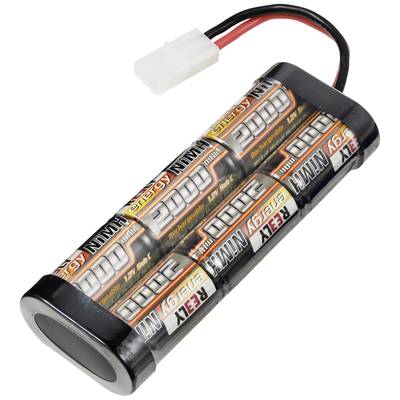 Ein zylindrischer Akku-Pack mit sechs AA-Zellen, verbunden mit einem weißen Stecker. Etikett zeigt '2000 mAh' und '1,2V NiMH'.