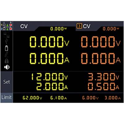 Ein digitales Multimeter-Display zeigt Spannungswerte: 62.000V und 6.100A. Weitere Werte: 3.300v, 0.500A und andere Messungen.