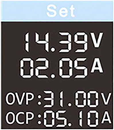 'Set' wird auf einem Bildschirm angezeigt, gefolgt von '14,39V' und '02,05A'. Unter 'OVP' steht '31,00V' und unter 'OCP' '05,10A'.