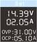 'Set' wird auf einem Bildschirm angezeigt, gefolgt von '14,39V' und '02,05A'. Unter 'OVP' steht '31,00V' und unter 'OCP' '05,10A'.