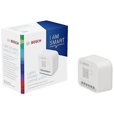 'Bosch' Licht-/Rollladensteuerung, weiße Steuerungseinheit mit Verpackung im Hintergrund. Verpackung beschriftet mit 'I am smart'.
